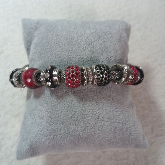 European Style Charm Bracelet Valentine Glass Beads Red Black Silver - Picture 2 of 10